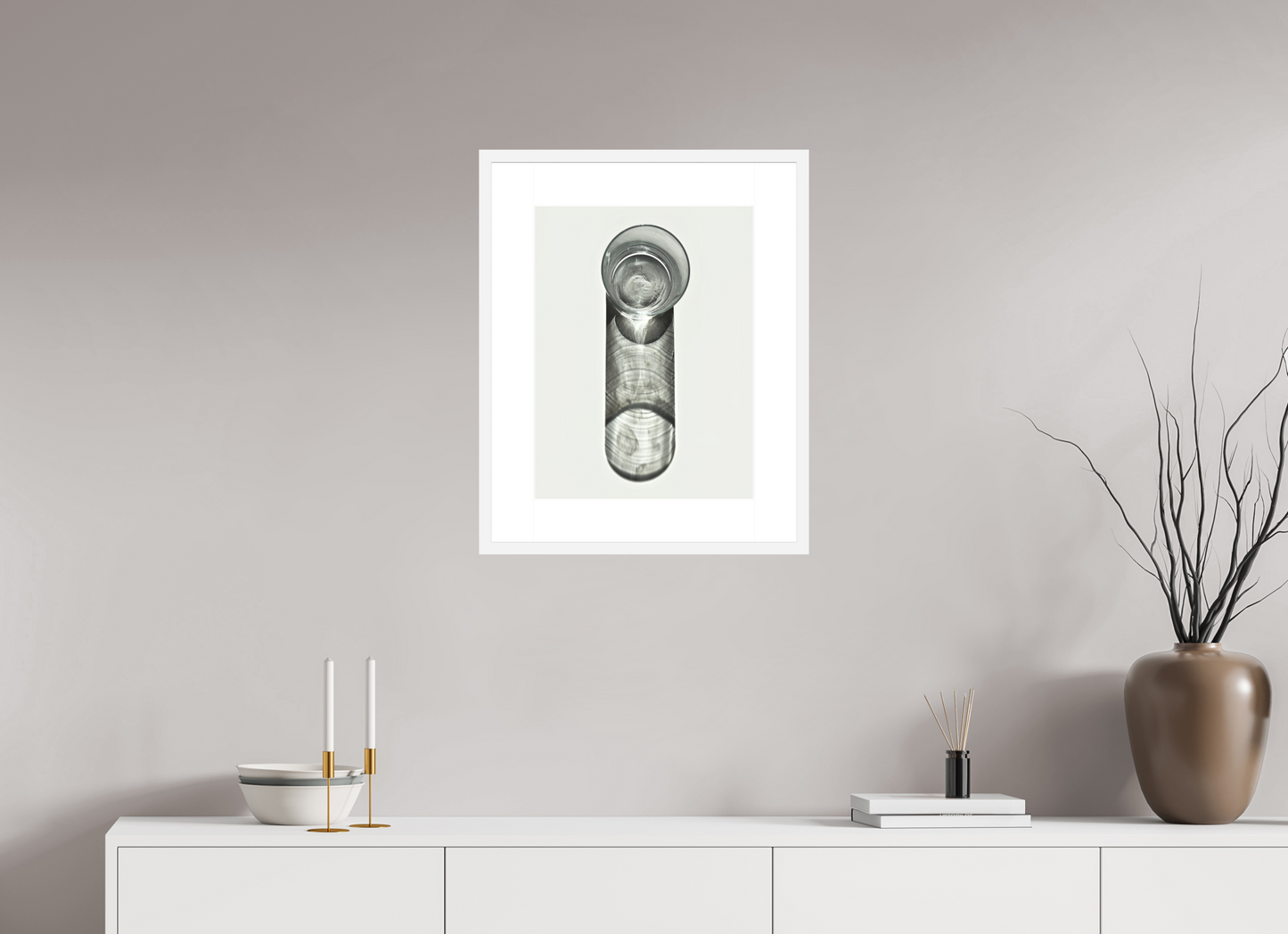 15 x 20″, Solid 0.8" White Wood Frame With 3" Natural White Passe-Partout with Museum Glass Water Glass with Shadow