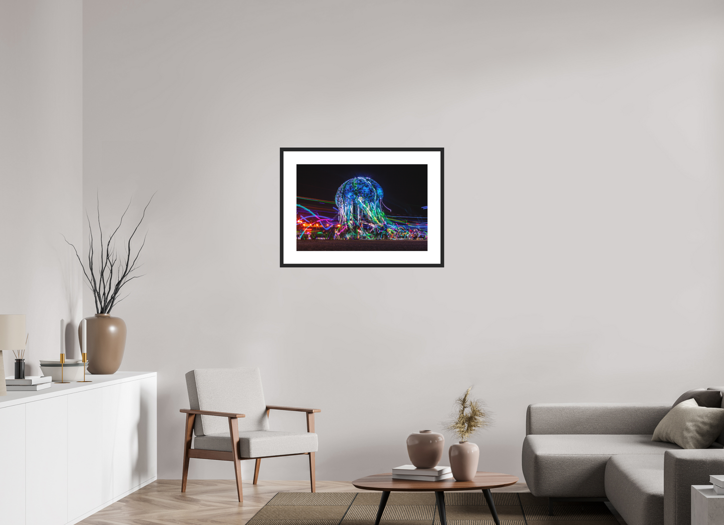 30 x 20″, Solid 0.8" Black Wood Frame With 3" Natural White Passe-Partout with Museum Glass Burning Man - Glass Jellyfish