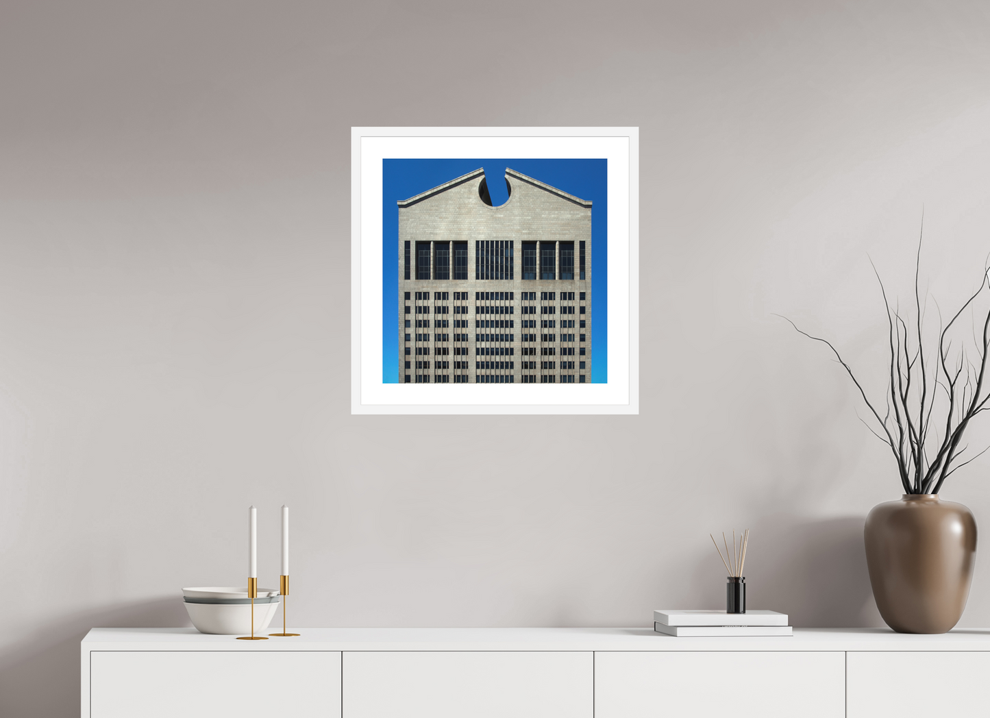 20 x 20″, Solid 0.8" White Wood Frame With 2" Natural White Passe-Partout with Museum Glass The Chippendale Building