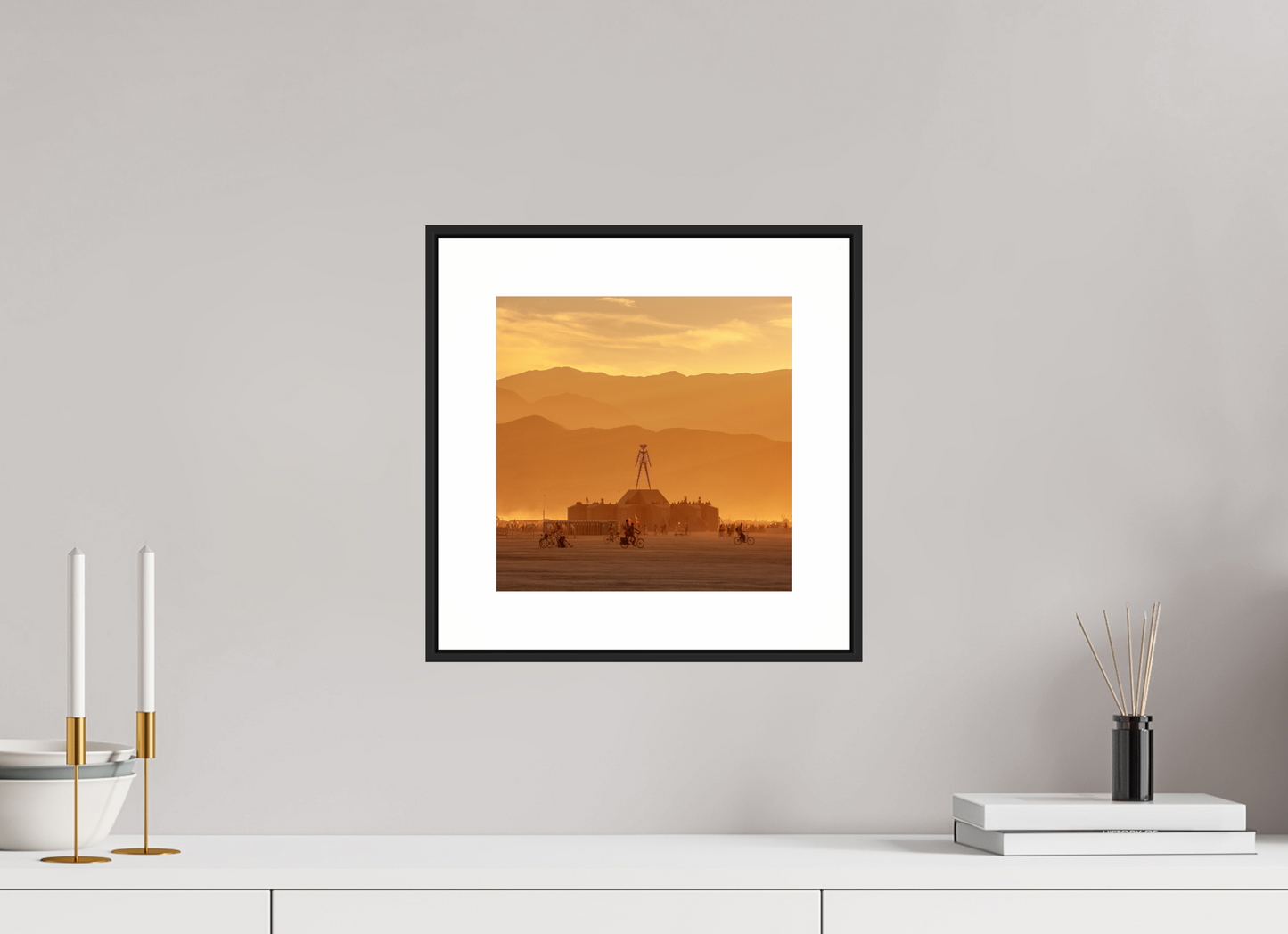 10 x 10″, Black Matte Frame Burning Man with Mountains