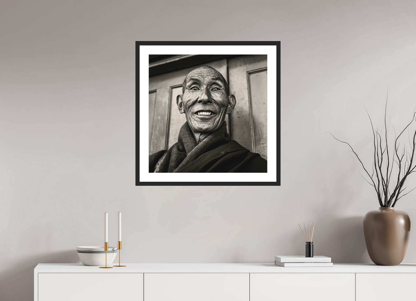25 x 25″, Solid 0.8" Black Wood Frame With 2" Natural White Passe-Partout with Museum Glass Reincarnated Tibetan Monk, Tibet