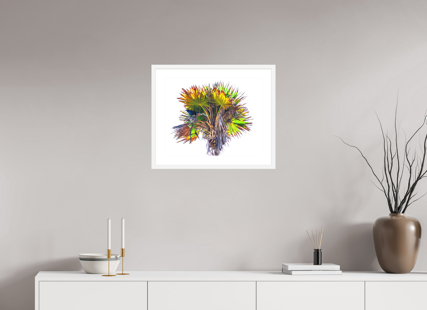 20 x 16″, Solid 0.8" White Wood Frame With 2" Natural White Passe-Partout with Museum Glass Black Bird in Palm Tree