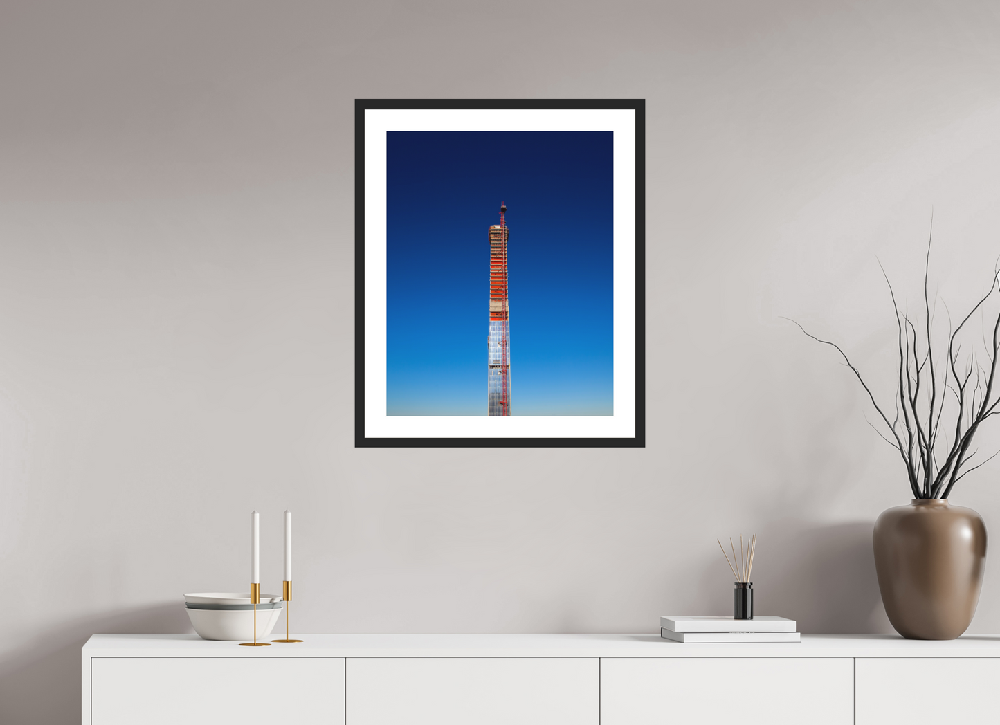 20 x 25″, Solid 0.8" Black Wood Frame With 2" Natural White Passe-Partout with Museum Glass Steinway Tower Under Construction