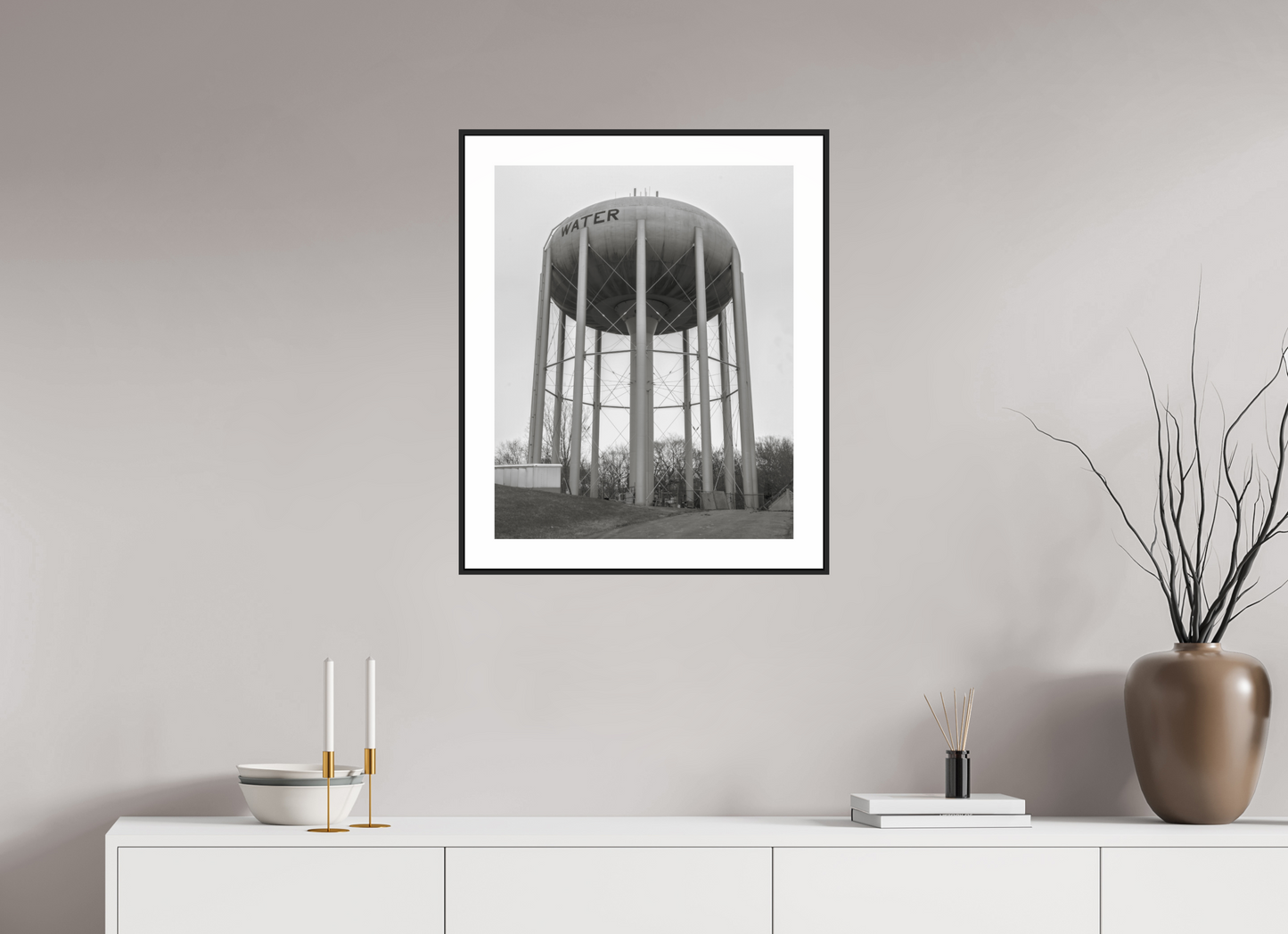 20 x 25″, Black Matte Frame Grey Water Tower