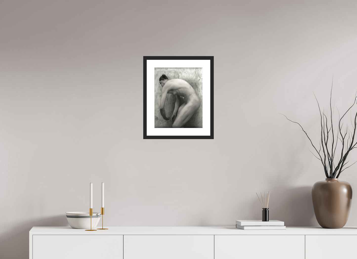 12 x 15″, Solid 0.8" Black Wood Frame With 2" Natural White Passe-Partout with Museum Glass Nude No. 60