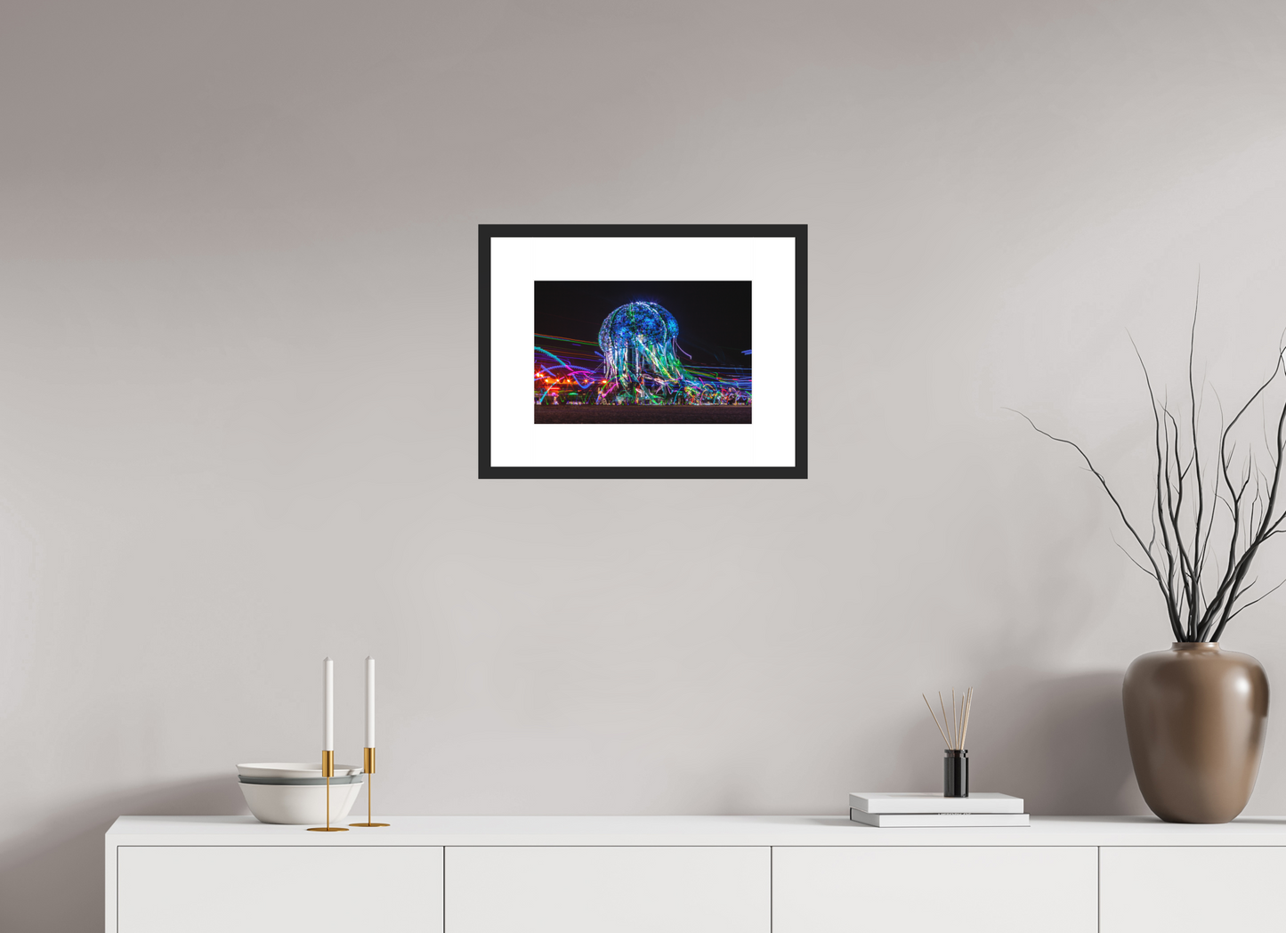 15 x 10″, Solid 0.8" Black Wood Frame With 3" Natural White Passe-Partout with Museum Glass Burning Man - Glass Jellyfish
