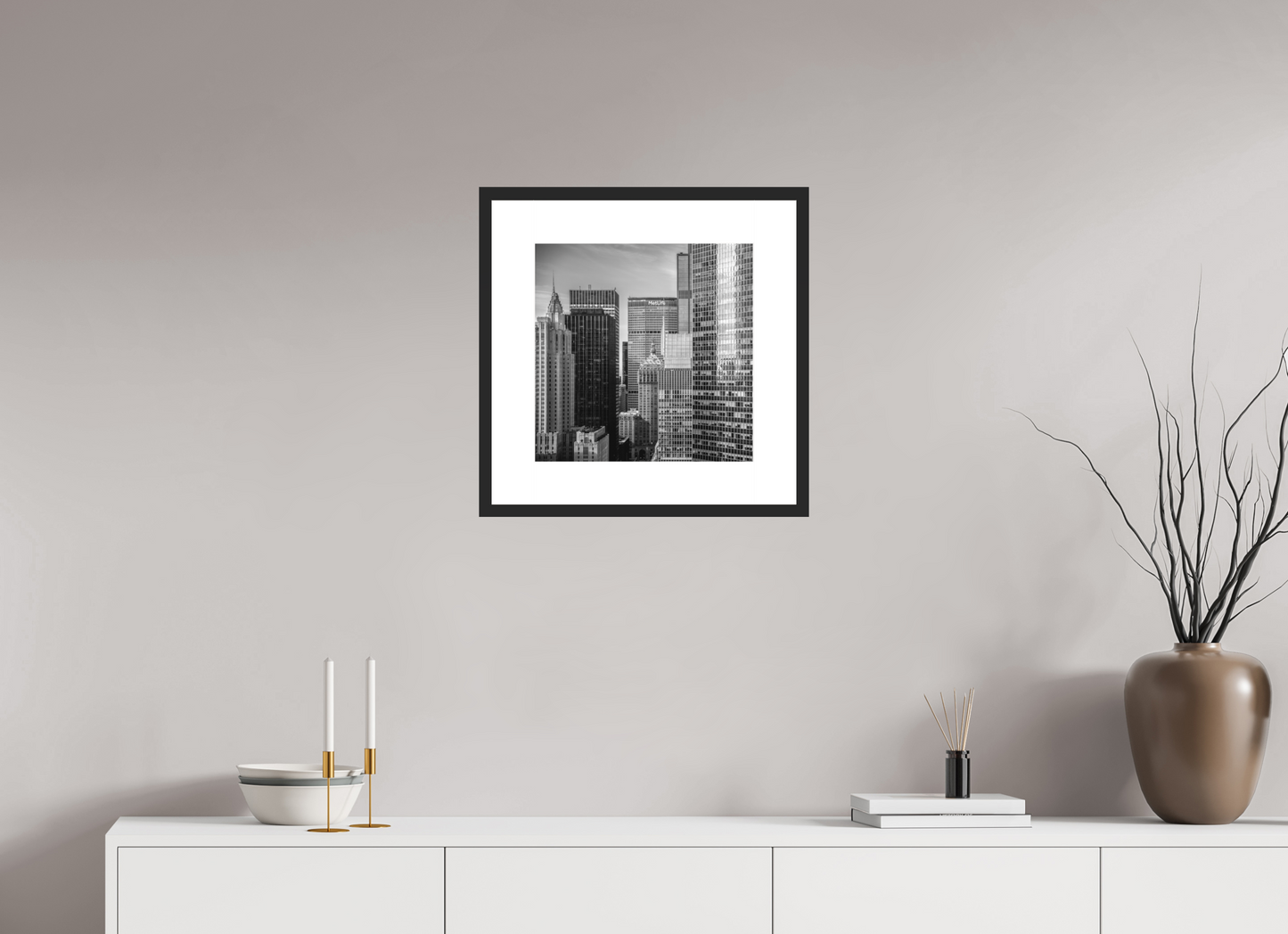15 x 15″, Solid 0.8" Black Wood Frame With 3" Natural White Passe-Partout with Museum Glass Midtown New York City