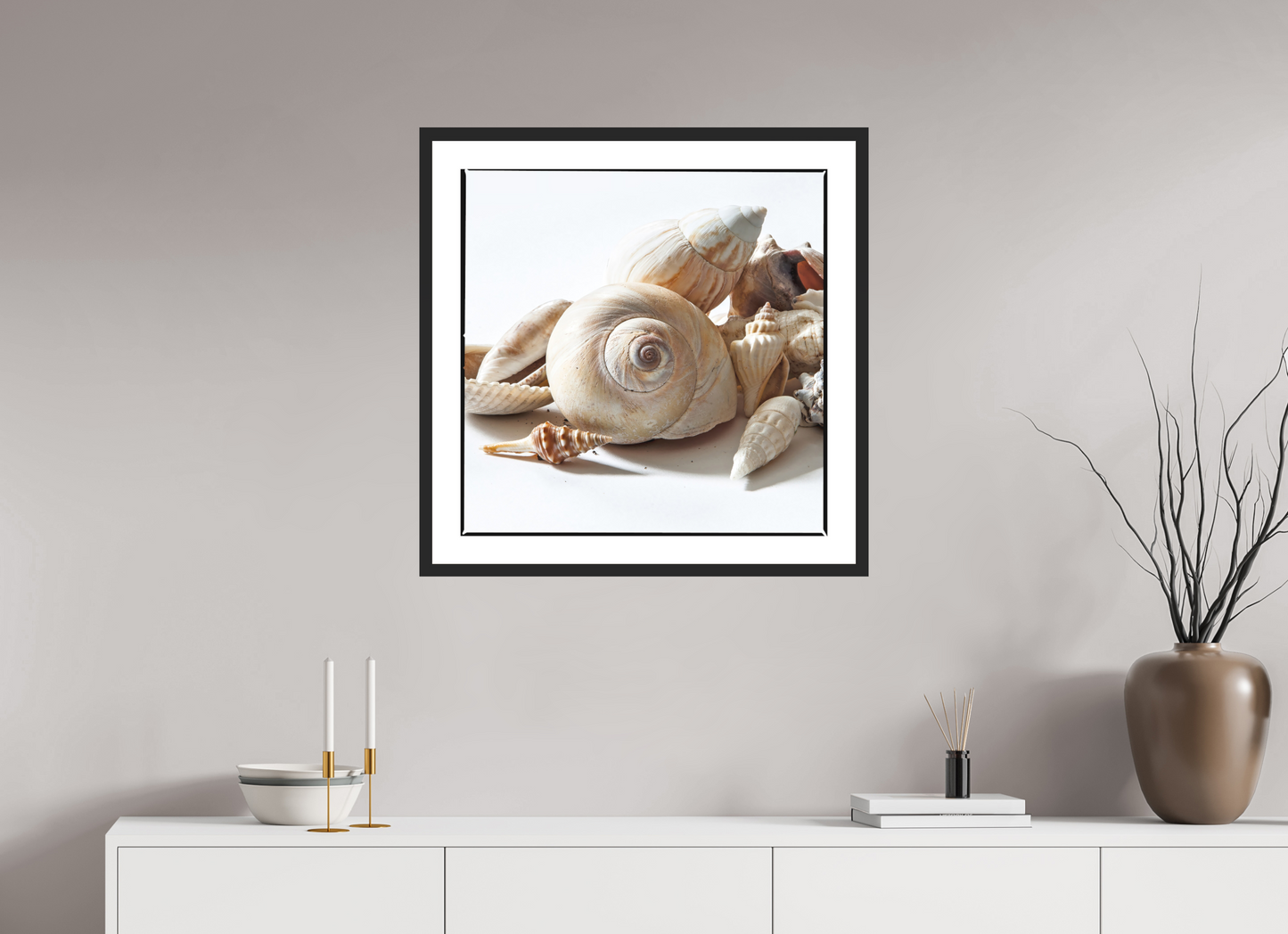 25 x 25″, Solid 0.8" Black Wood Frame With 2" Natural White Passe-Partout with Museum Glass Sea Shells