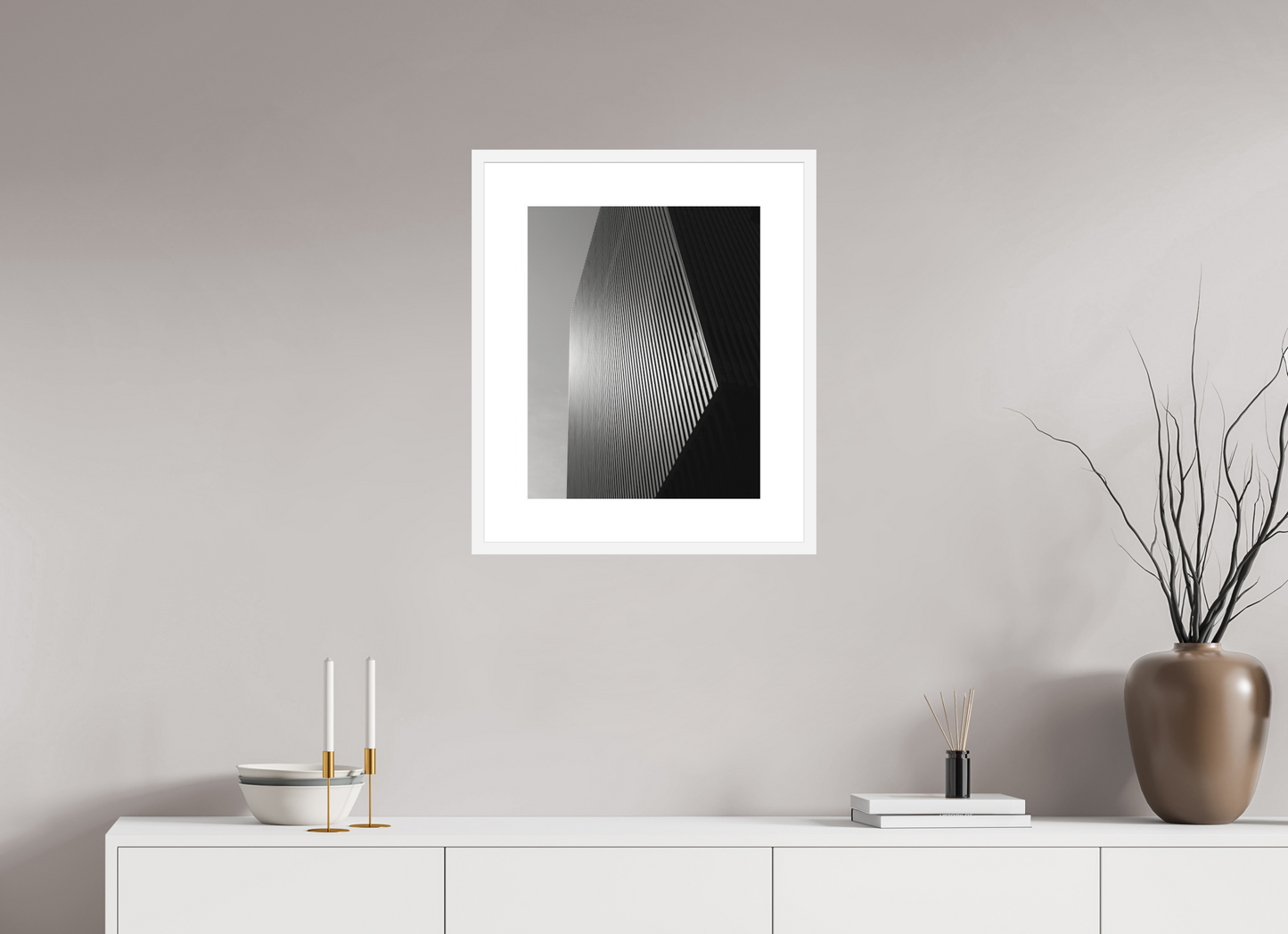 16 x 20″, Solid 0.8" White Wood Frame With 3" Natural White Passe-Partout with Museum Glass Architectural Facade