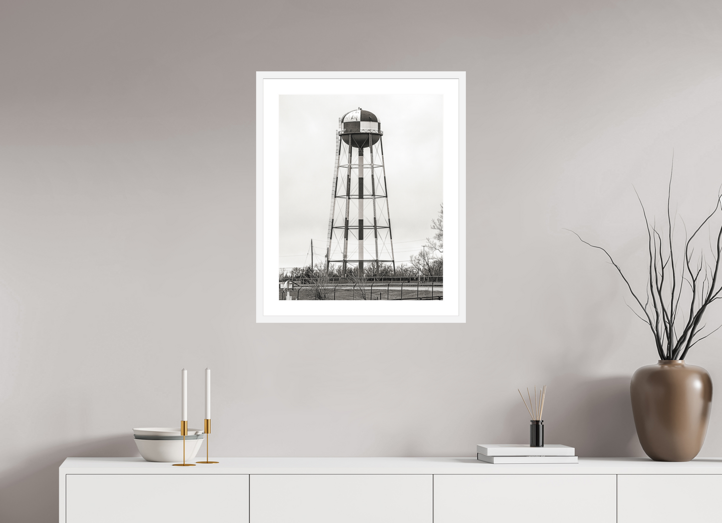 20 x 25″, Solid 0.8" White Wood Frame With 2" Natural White Passe-Partout with Museum Glass Checkered Water Tower