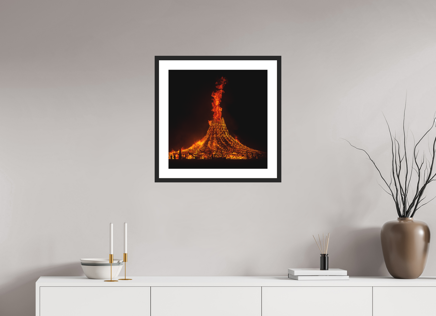 20 x 20″, Solid 0.8" Black Wood Frame With 2" Natural White Passe-Partout with Museum Glass Burning Man - Temple Burn 1
