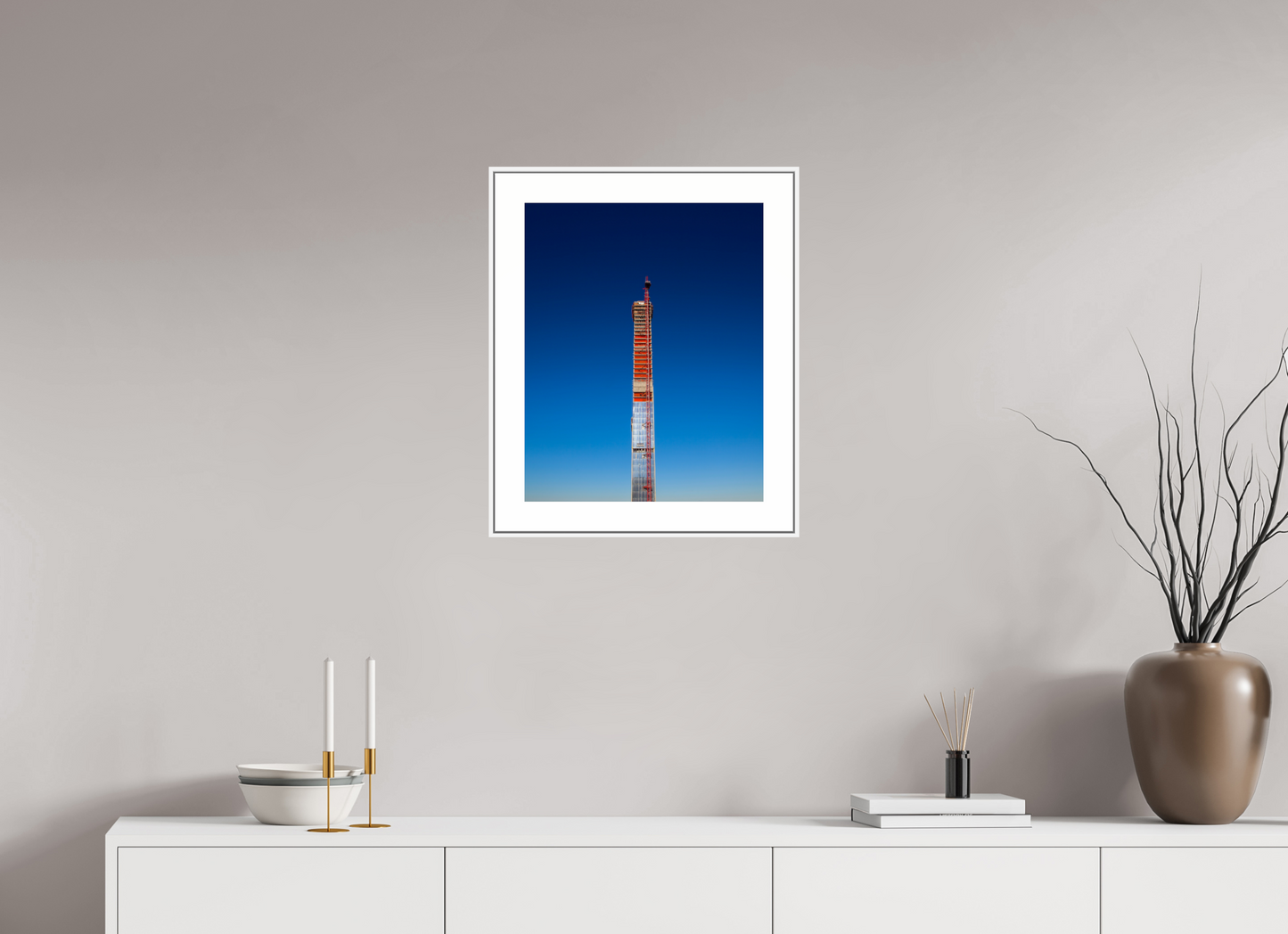 16 x 20″, White Matte Frame Steinway Tower Under Construction