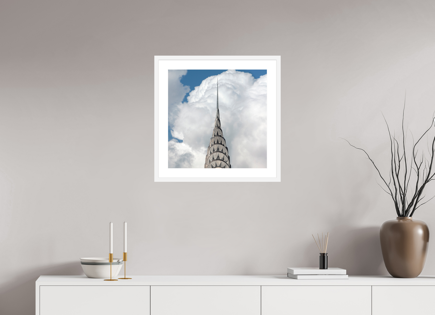 20 x 20″, Solid 0.8" White Wood Frame With 2" Natural White Passe-Partout with Museum Glass Chrysler Building with Clouds