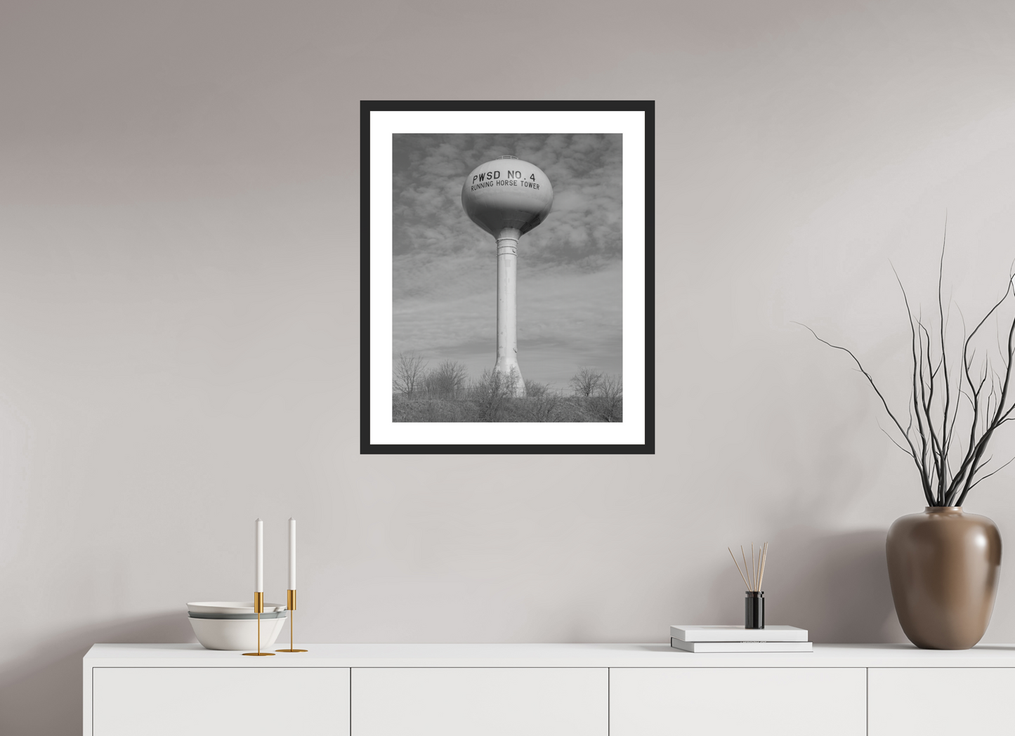 20 x 25″, Solid 0.8" Black Wood Frame With 2" Natural White Passe-Partout with Museum Glass Running Horse Water Tower