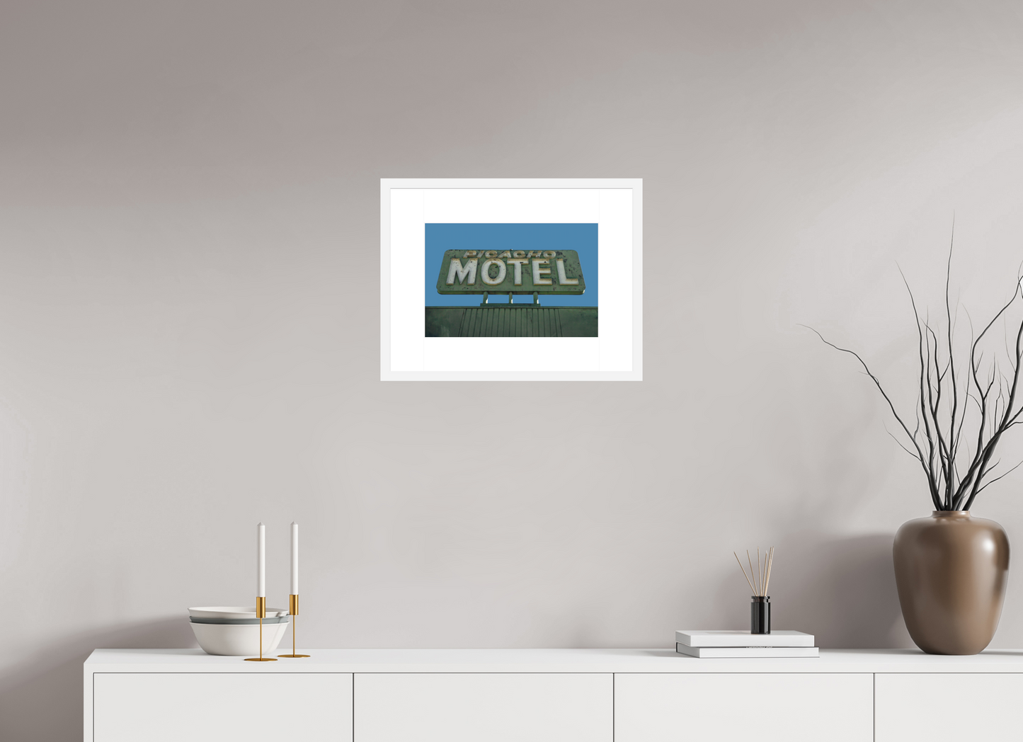 15 x 10″, Solid 0.8" White Wood Frame With 3" Natural White Passe-Partout with Museum Glass Picacho Motel Sign