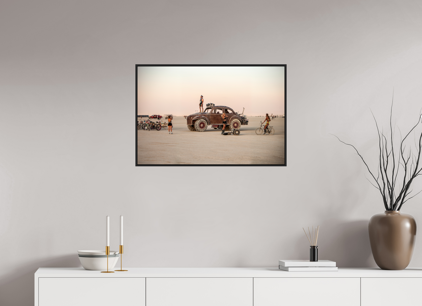 30 x 20″, Black Matte Frame, No Border Burning Man - Art Car Large VW FF