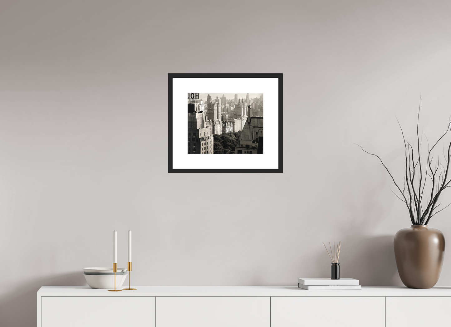 14.8 x 12″, Solid 0.8" Black Wood Frame With 3" Natural White Passe-Partout with Museum Glass The Dakota