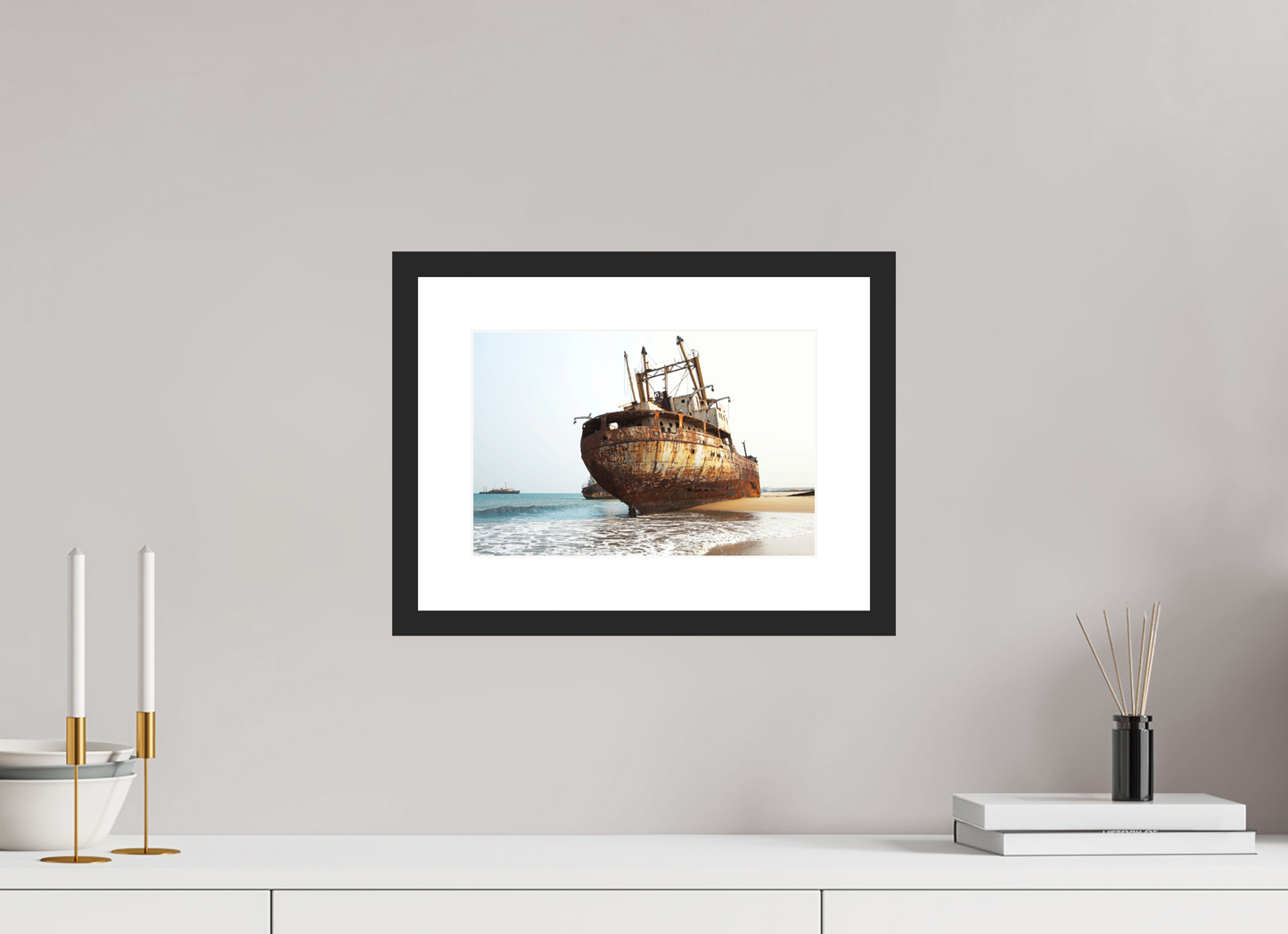 12 x 8″, Solid 0.8" Black Wood Frame With 2" Natural White Passe-Partout with Museum Glass Grounded Ships Angola