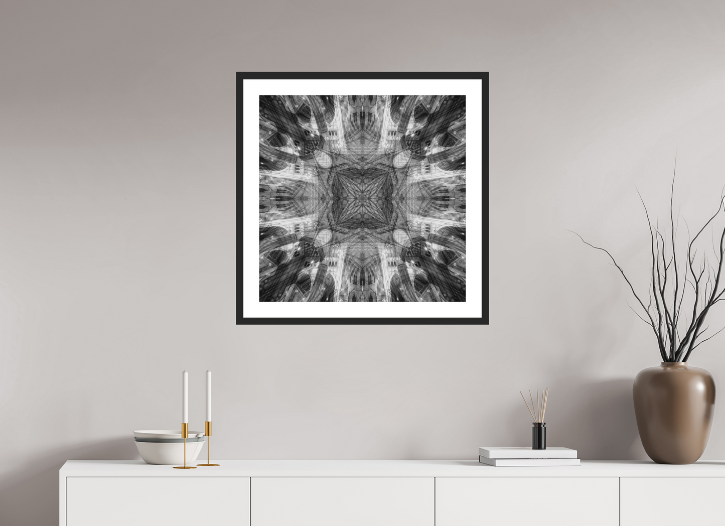 25 x 25″, Solid 0.8" Black Wood Frame With 2" Natural White Passe-Partout with Museum Glass Architectual Abstraction