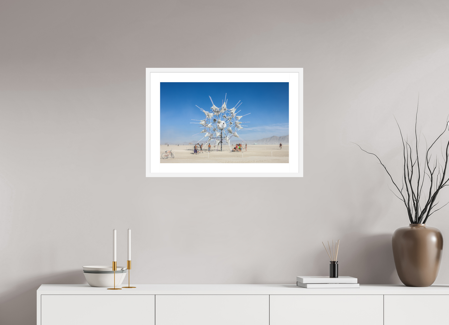 25.2 x 16″, Solid 0.8" White Wood Frame With 2" Natural White Passe-Partout with Museum Glass Burning Man - Gathering at Radia Lumia