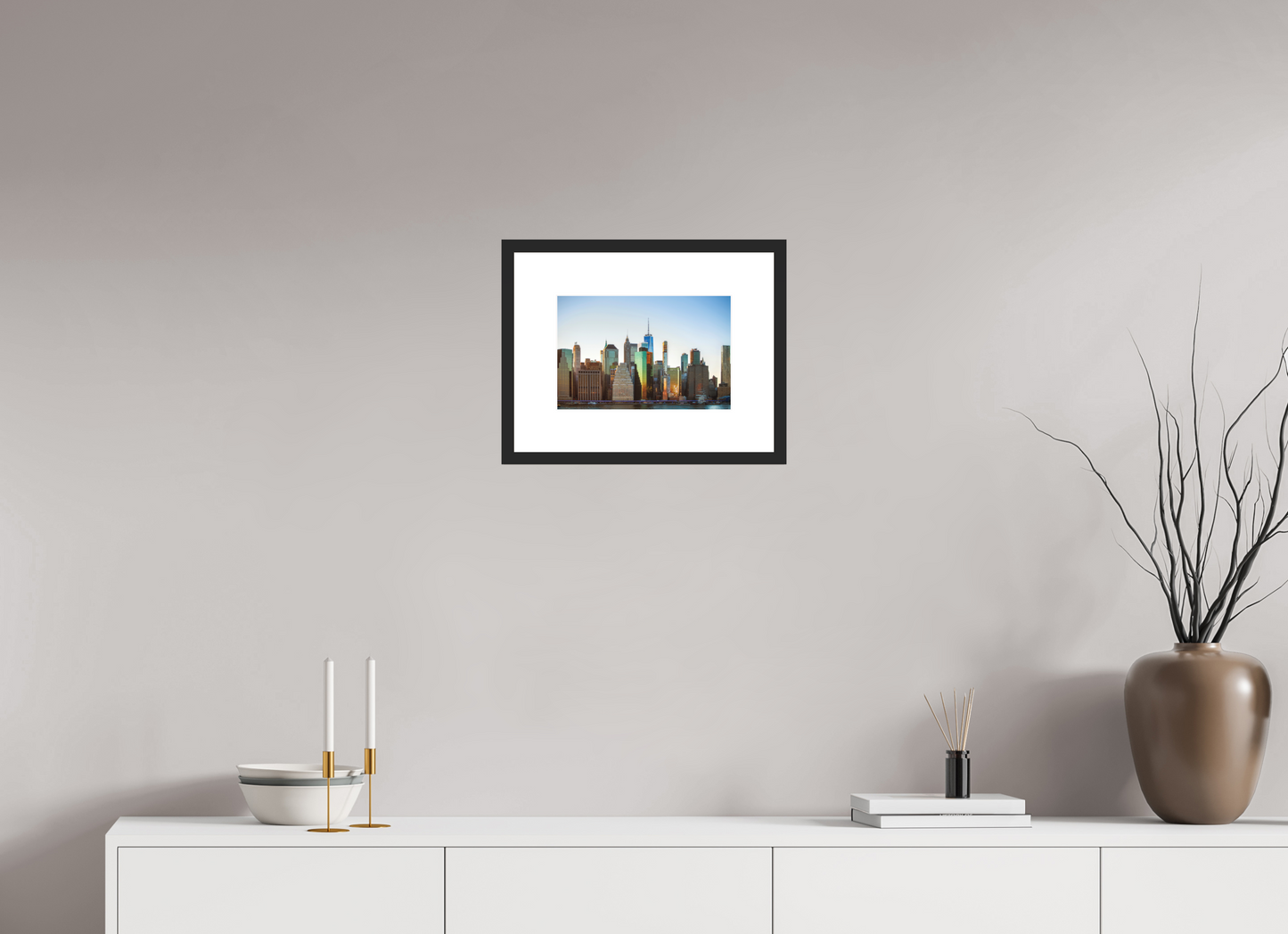 12 x 8″, Solid 0.8" Black Wood Frame With 3" Natural White Passe-Partout with Museum Glass Lower Manhattan
