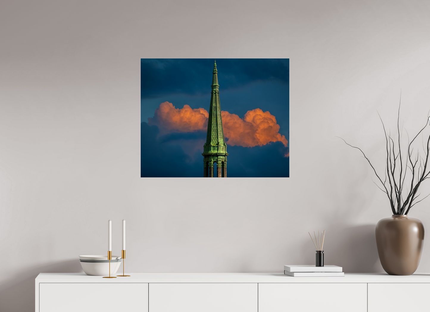30 x 24″, Frameless Acrylic Glass Orange Clouds and Green Tower