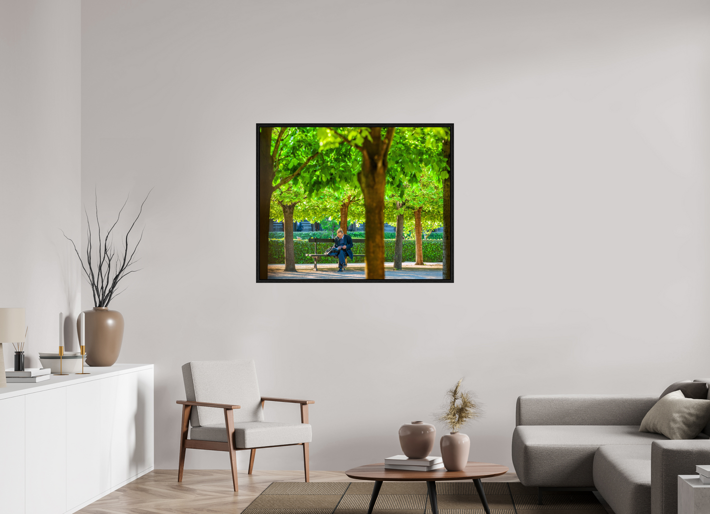 43.7 x 35″, Floater Frame Man Reading in Paris Garden