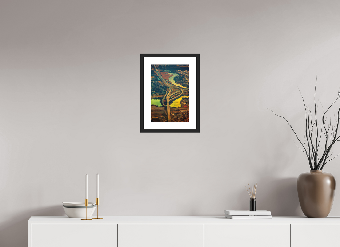 10 x 15″, Solid 0.8" Black Wood Frame With 2" Natural White Passe-Partout with Museum Glass Aerial View of Highway