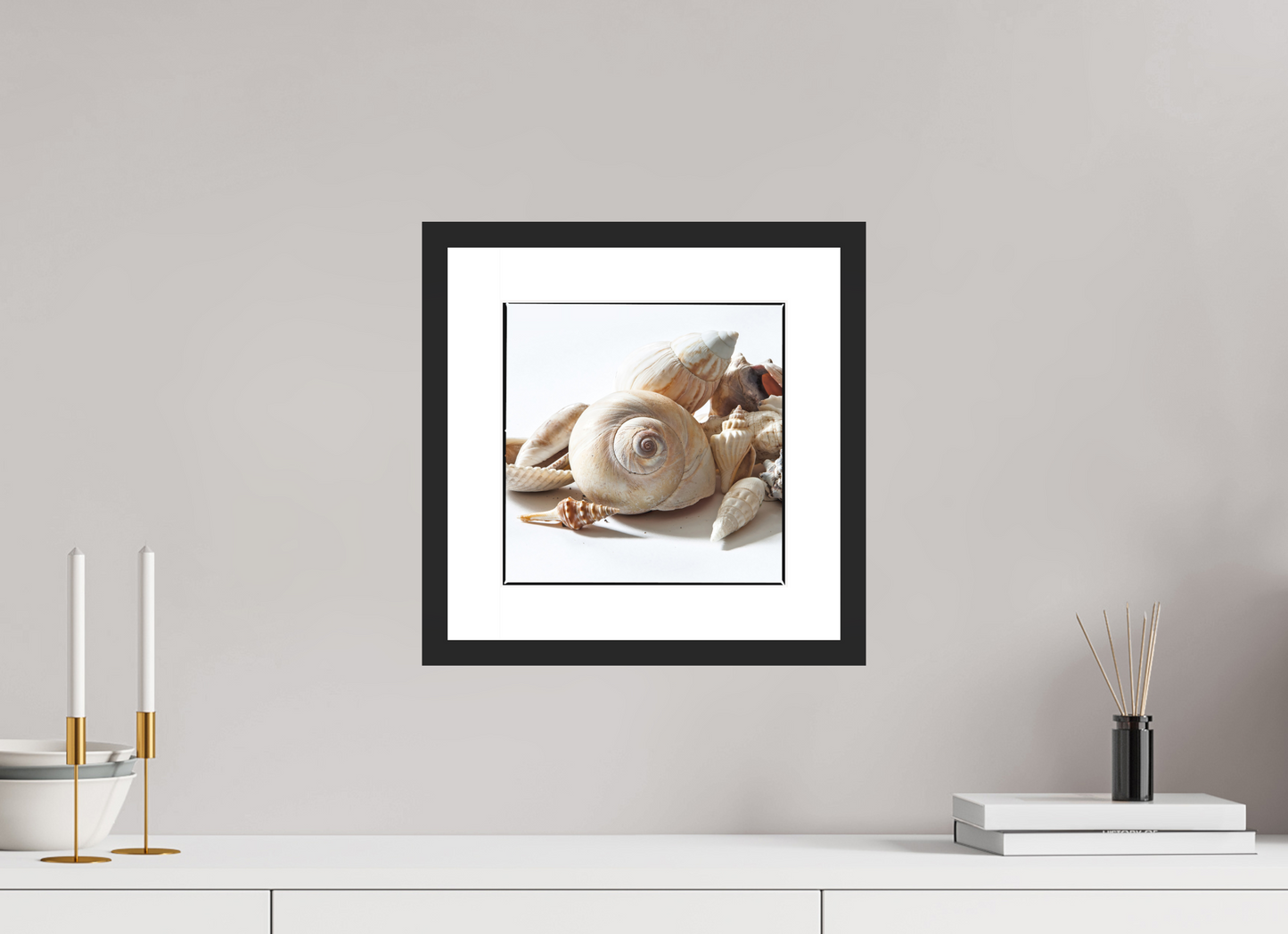 10 x 10″, Solid 0.8" Black Wood Frame With 2" Natural White Passe-Partout with Museum Glass Sea Shells