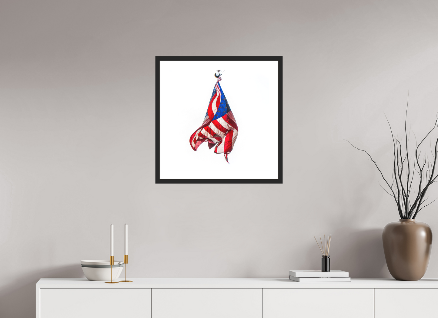 20 x 20″, Solid 0.8" Black Wood Frame With 2" Natural White Passe-Partout with Museum Glass Crumpled USA Flag