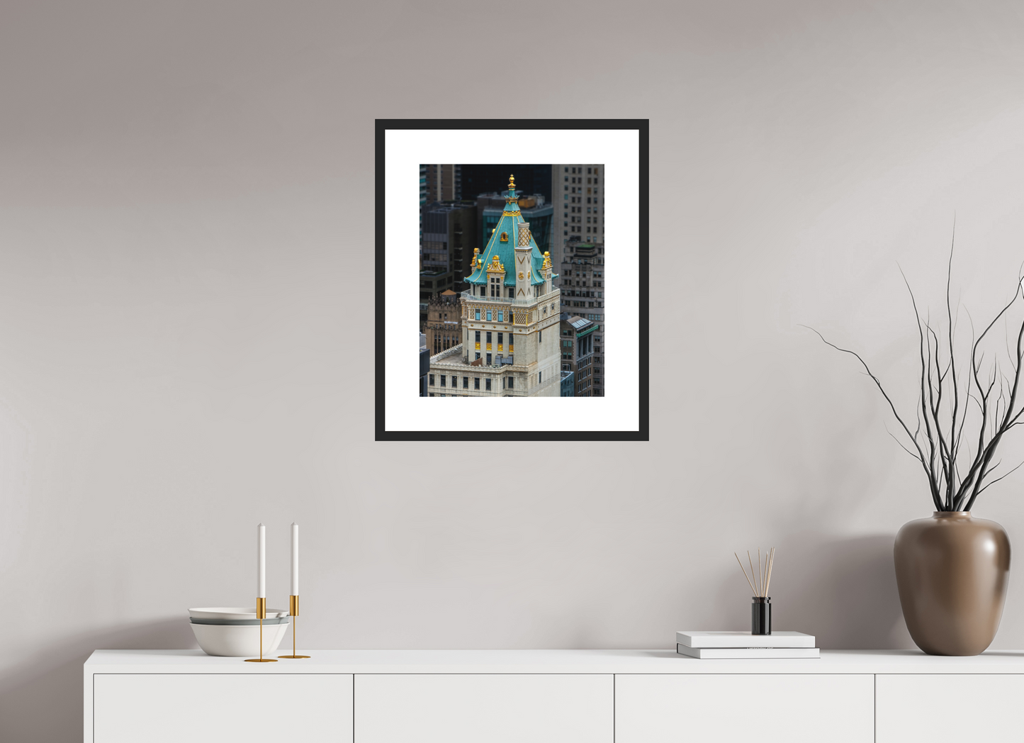 16 x 20″, Solid 0.8" Black Wood Frame With 3" Natural White Passe-Partout with Museum Glass The Heckscher Building