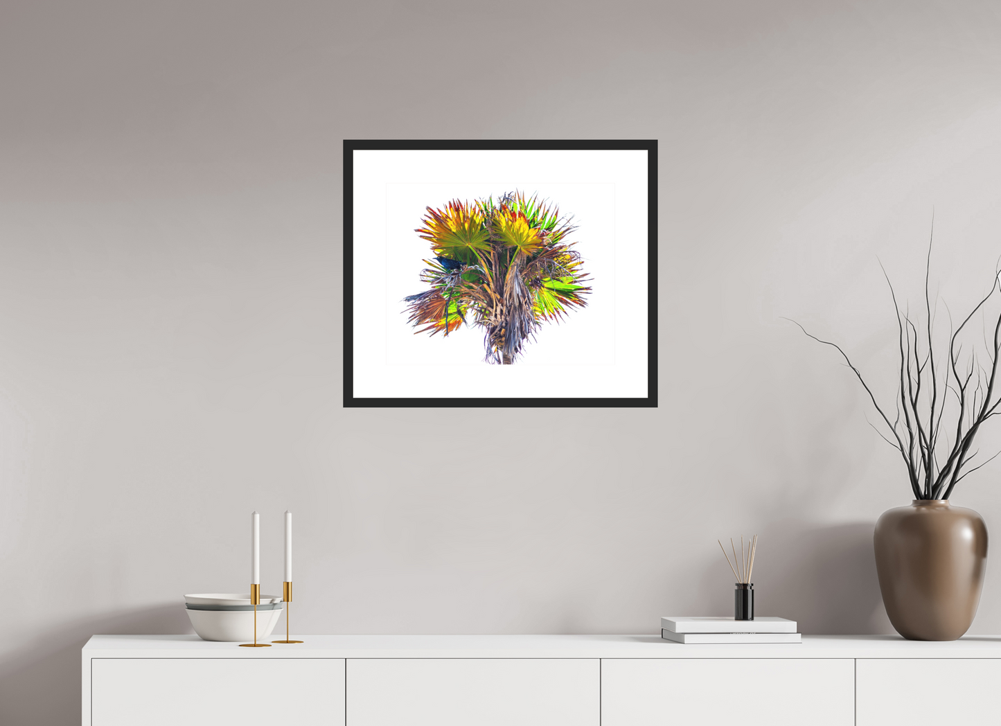 20 x 16″, Solid 0.8" Black Wood Frame With 3" Natural White Passe-Partout with Museum Glass Black Bird in Palm Tree