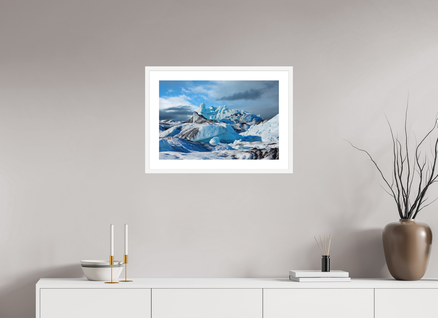 24 x 16″, Solid 0.8" White Wood Frame With 2" Natural White Passe-Partout with Museum Glass Iceland Icebergs