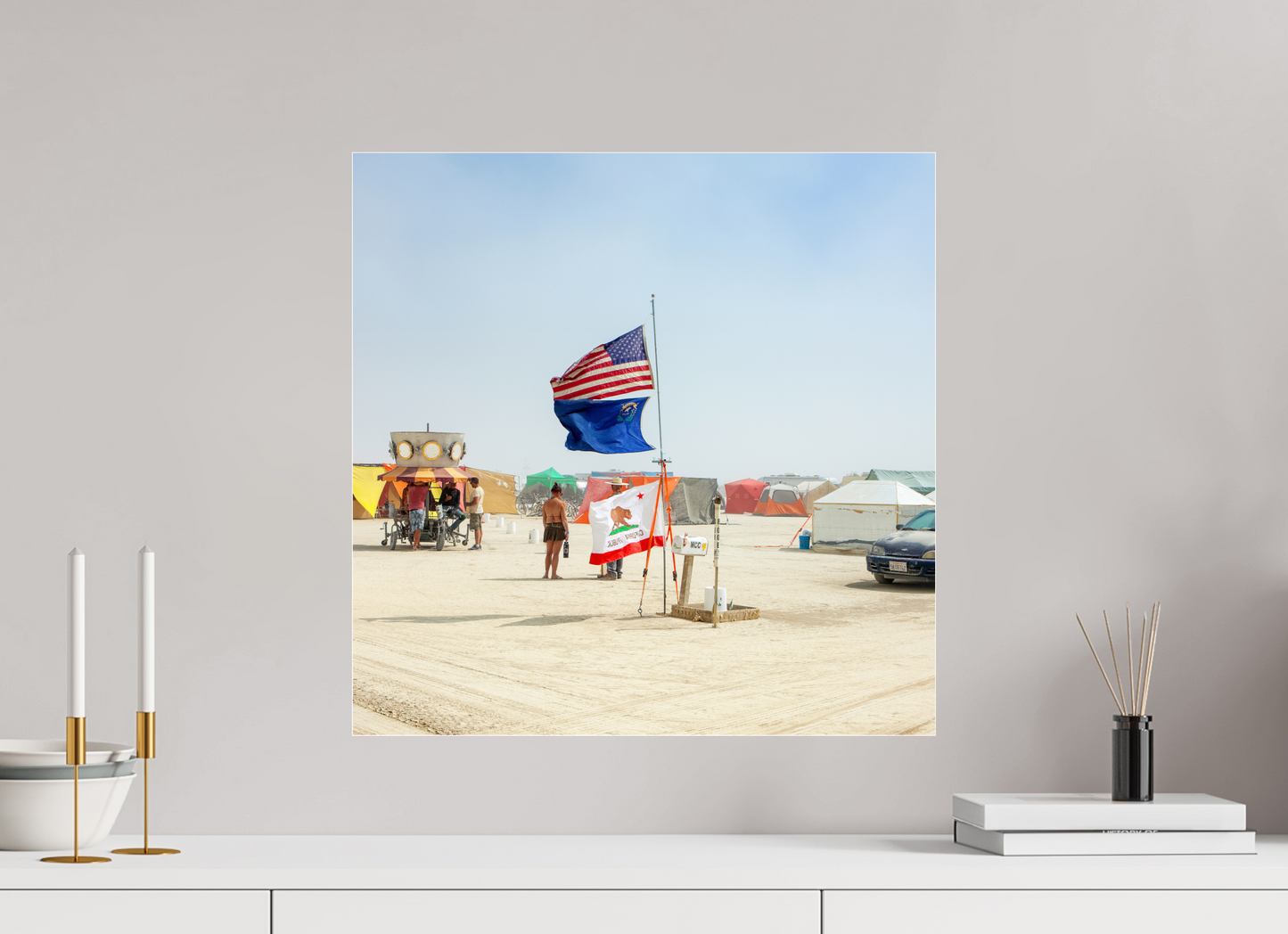 20 x 20″, Frameless Acrylic Glass Burning Man - Woman with Flags
