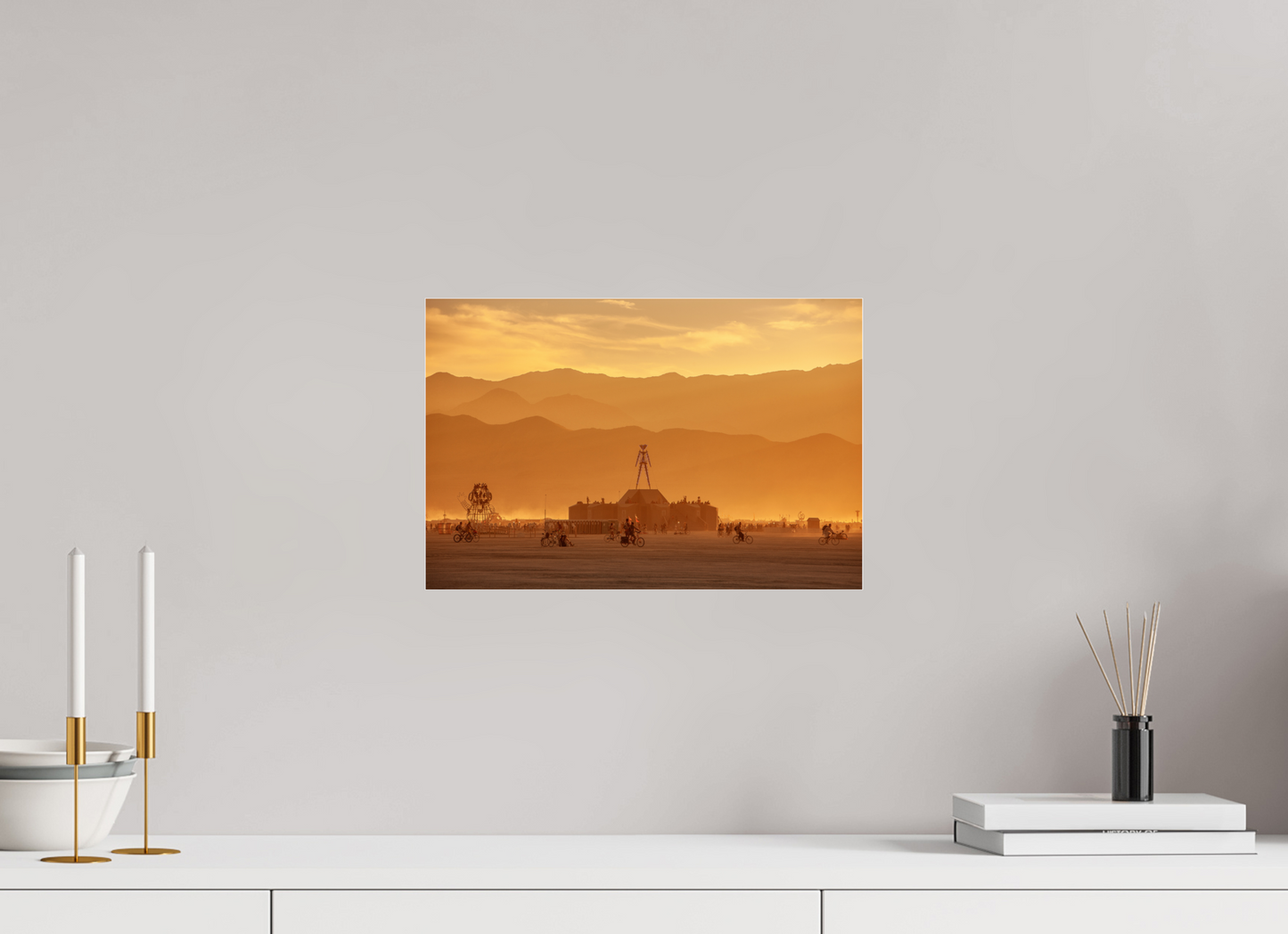 15 x 10″, Frameless Acrylic Glass Burning Man - Burning Man and Mountains