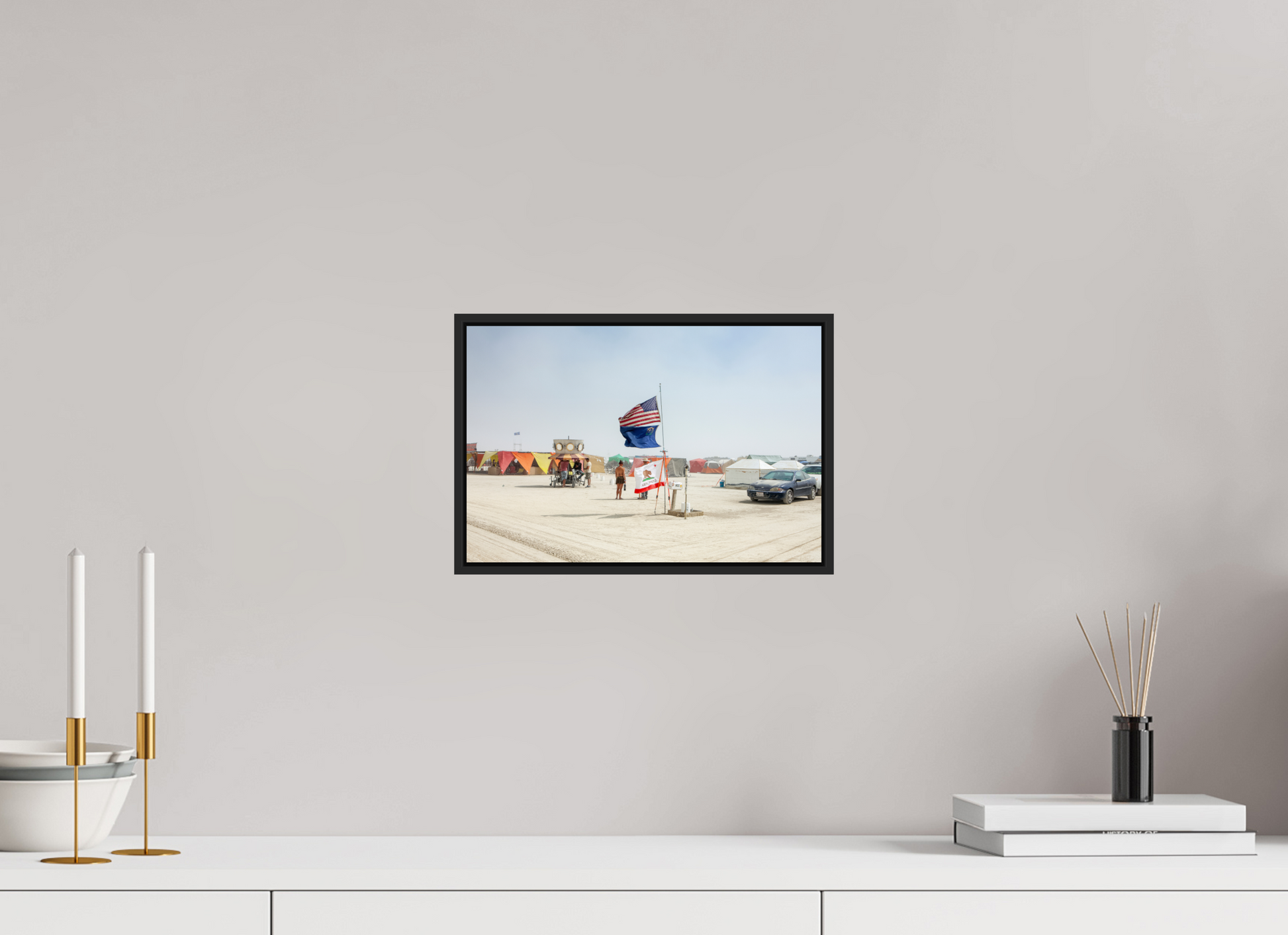 12 x 8″, Black Matte Frame, No Border Burning Man - Two Flags