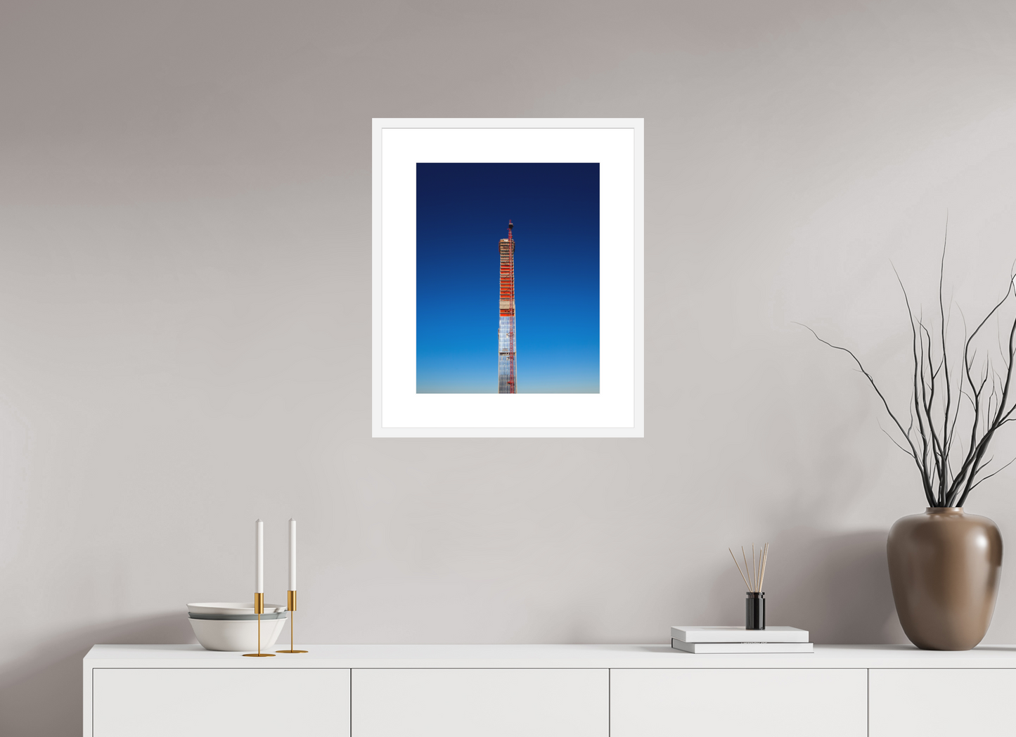 16 x 20″, Solid 0.8" White Wood Frame With 3" Natural White Passe-Partout with Museum Glass Steinway Tower Under Construction