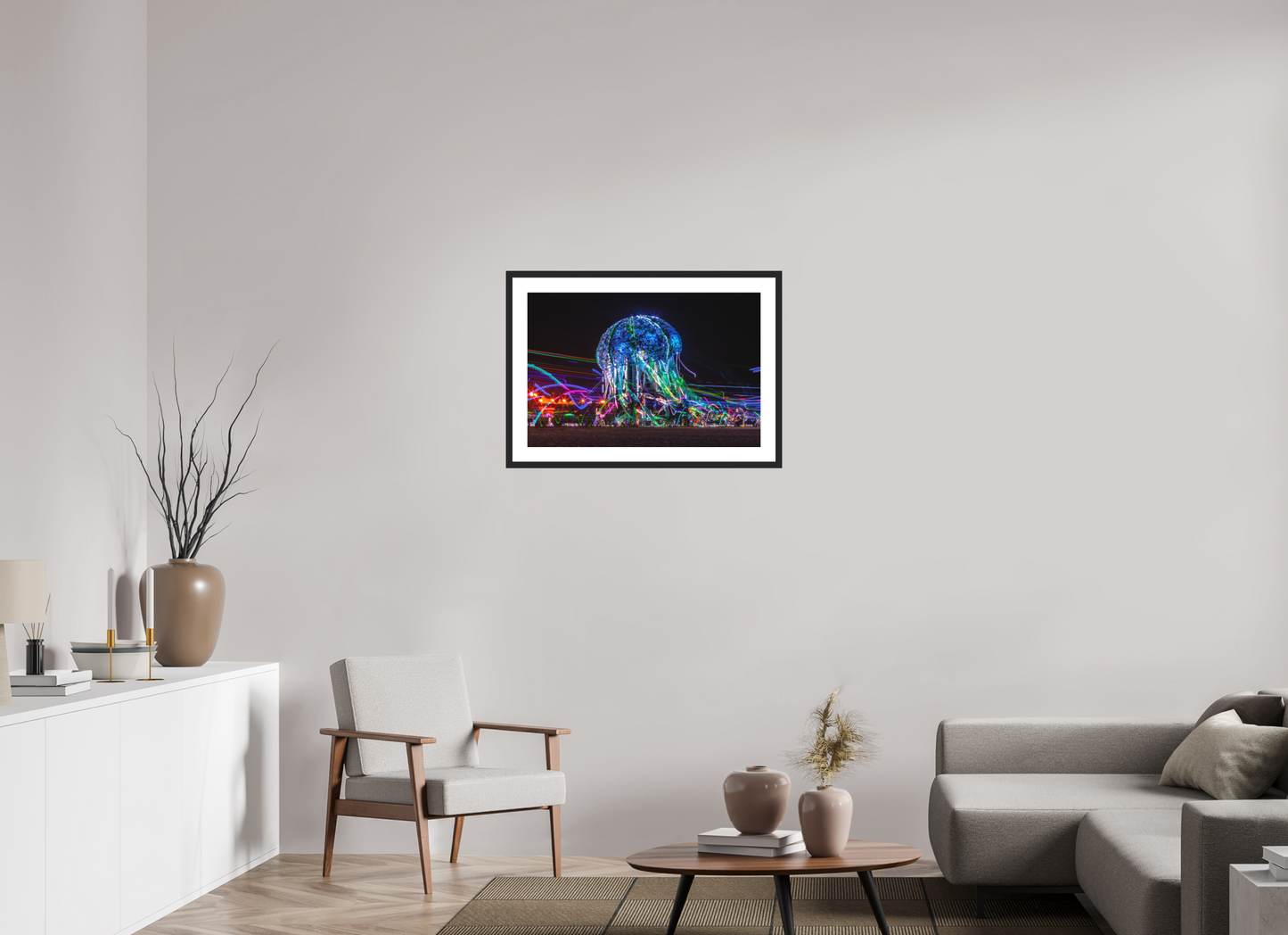 30 x 20″, Solid 0.8" Black Wood Frame With 2" Natural White Passe-Partout with Museum Glass Burning Man - Glass Jellyfish