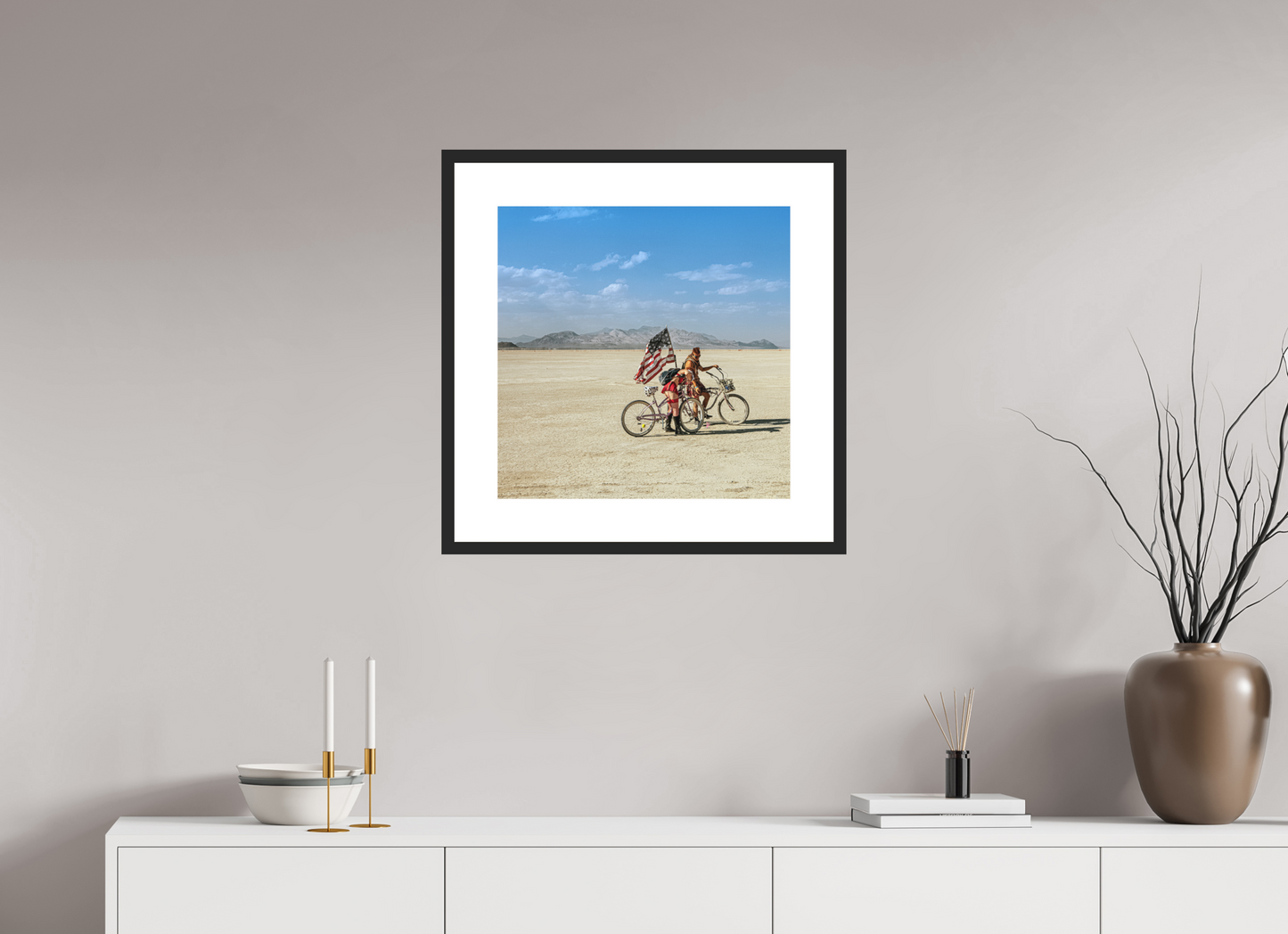 20 x 20″, Solid 0.8" Black Wood Frame With 3" Natural White Passe-Partout with Museum Glass Burning Man - Two with Bikes and USA Flag (square format)