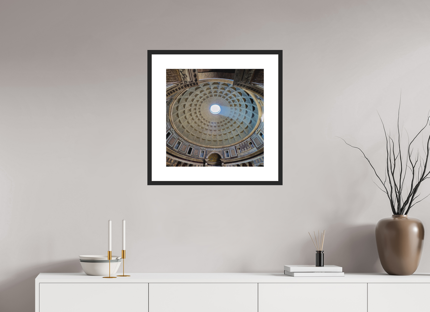 20 x 20″, Solid 0.8" Black Wood Frame With 3" Natural White Passe-Partout with Museum Glass Pantheon