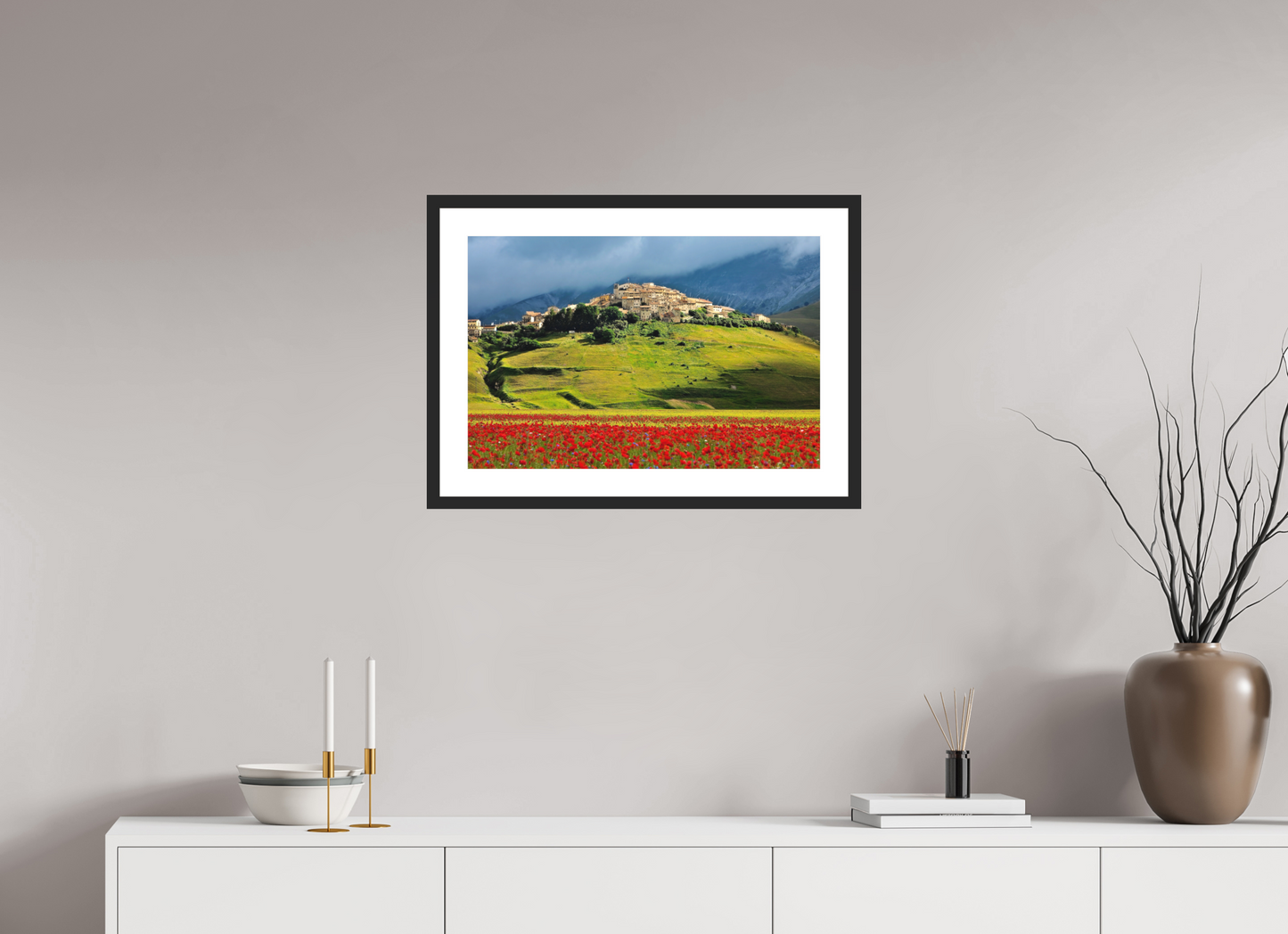 24 x 16″, Solid 0.8" Black Wood Frame With 2" Natural White Passe-Partout with Museum Glass Castelucci, Umbrian Landscape