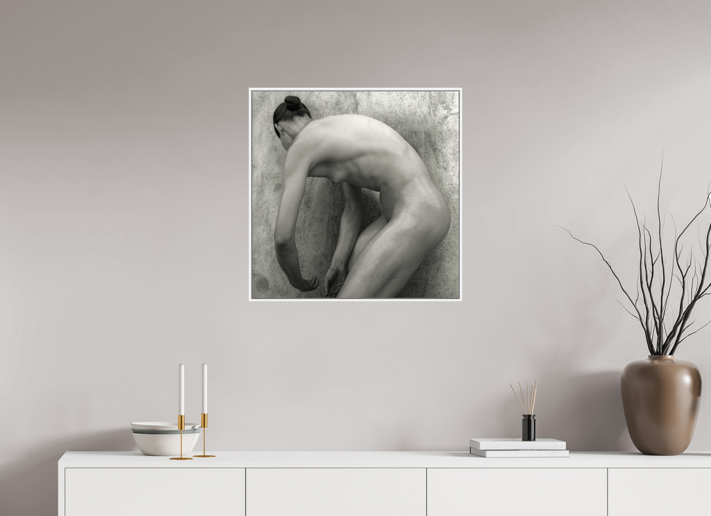 25 x 25″, White Matte Frame, No Border Nude No.60 - square