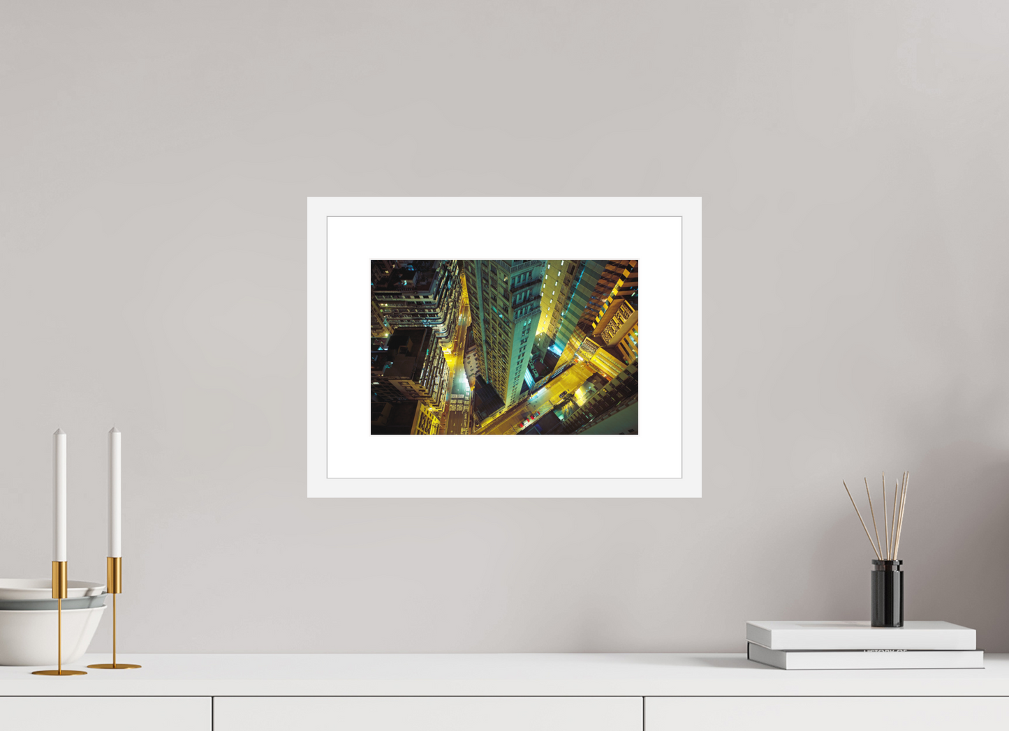 12 x 8″, Solid 0.8" White Wood Frame With 2" Natural White Passe-Partout with Museum Glass Downtown Hong Kong