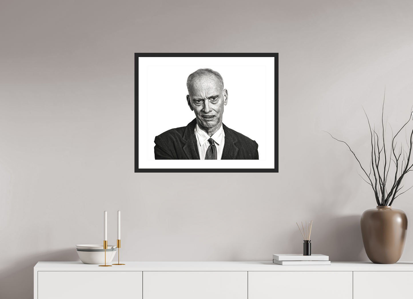 25 x 20″, Solid 0.8" Black Wood Frame With 2" Natural White Passe-Partout with Museum Glass Director John Waters Grimacing