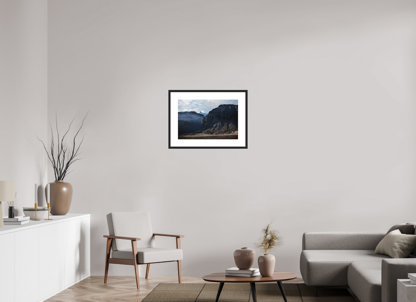 24 x 16″, Solid 0.8" Black Wood Frame With 3" Natural White Passe-Partout with Museum Glass Iceland Black Mountains