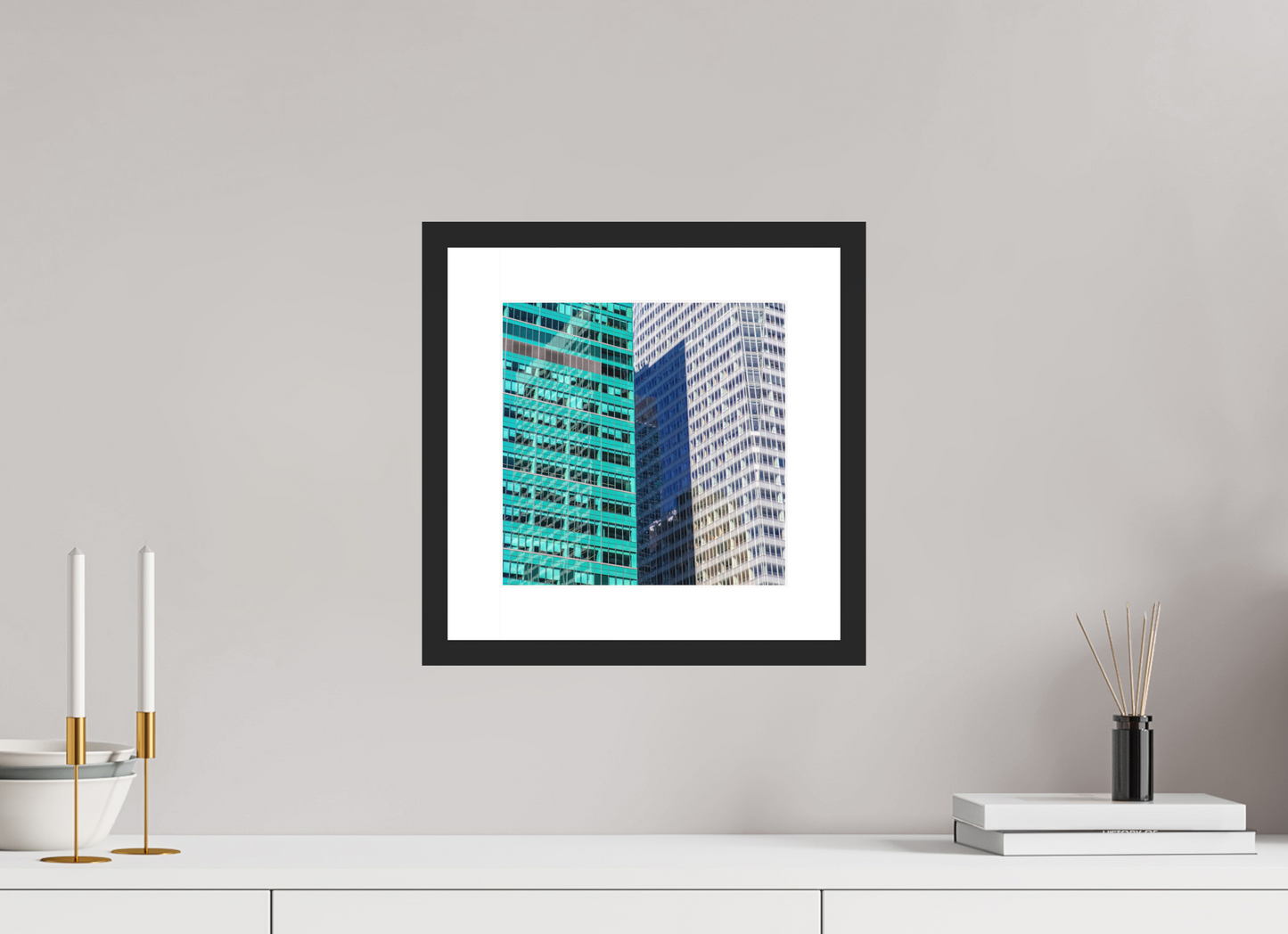 10 x 10″, Solid 0.8" Black Wood Frame With 2" Natural White Passe-Partout with Museum Glass Green and White Office Buildings
