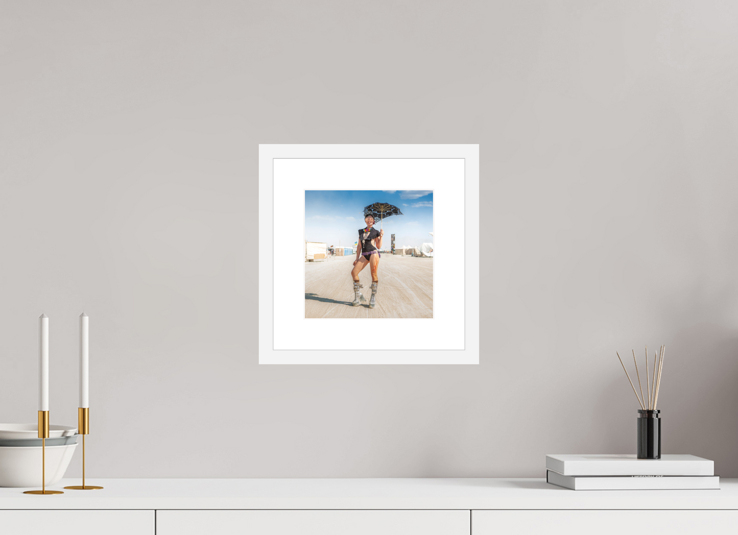 8 x 8″, Solid 0.8" White Wood Frame With 2" Natural White Passe-Partout with Museum Glass Burning Man - Attendee with Parasol