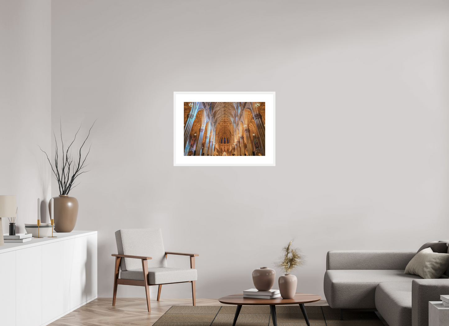 30 x 20″, Solid 0.8" White Wood Frame With 3" Natural White Passe-Partout with Museum Glass St. Patrick's Cathedral