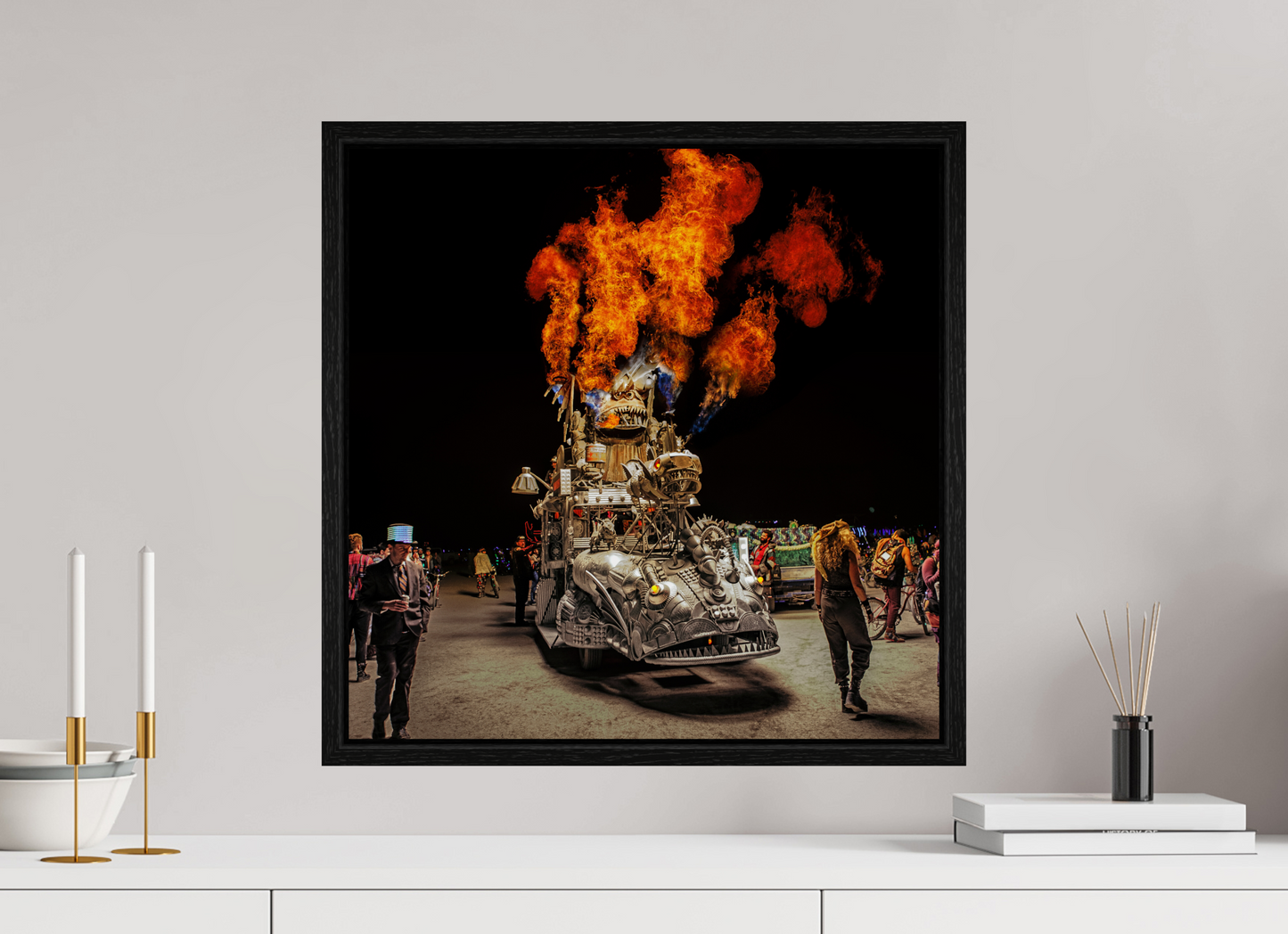 20 x 20″, Floater Frame Burning Man - Art Car with Flames