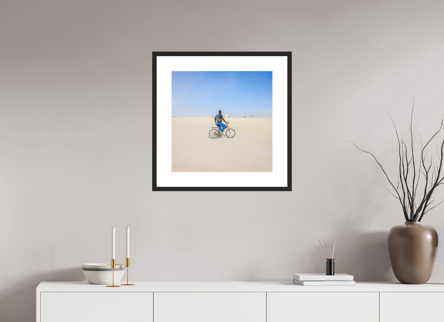 20 x 20″, Solid 0.8" Black Wood Frame With 3" Natural White Passe-Partout with Museum Glass Burning Man - Man on Red Bike